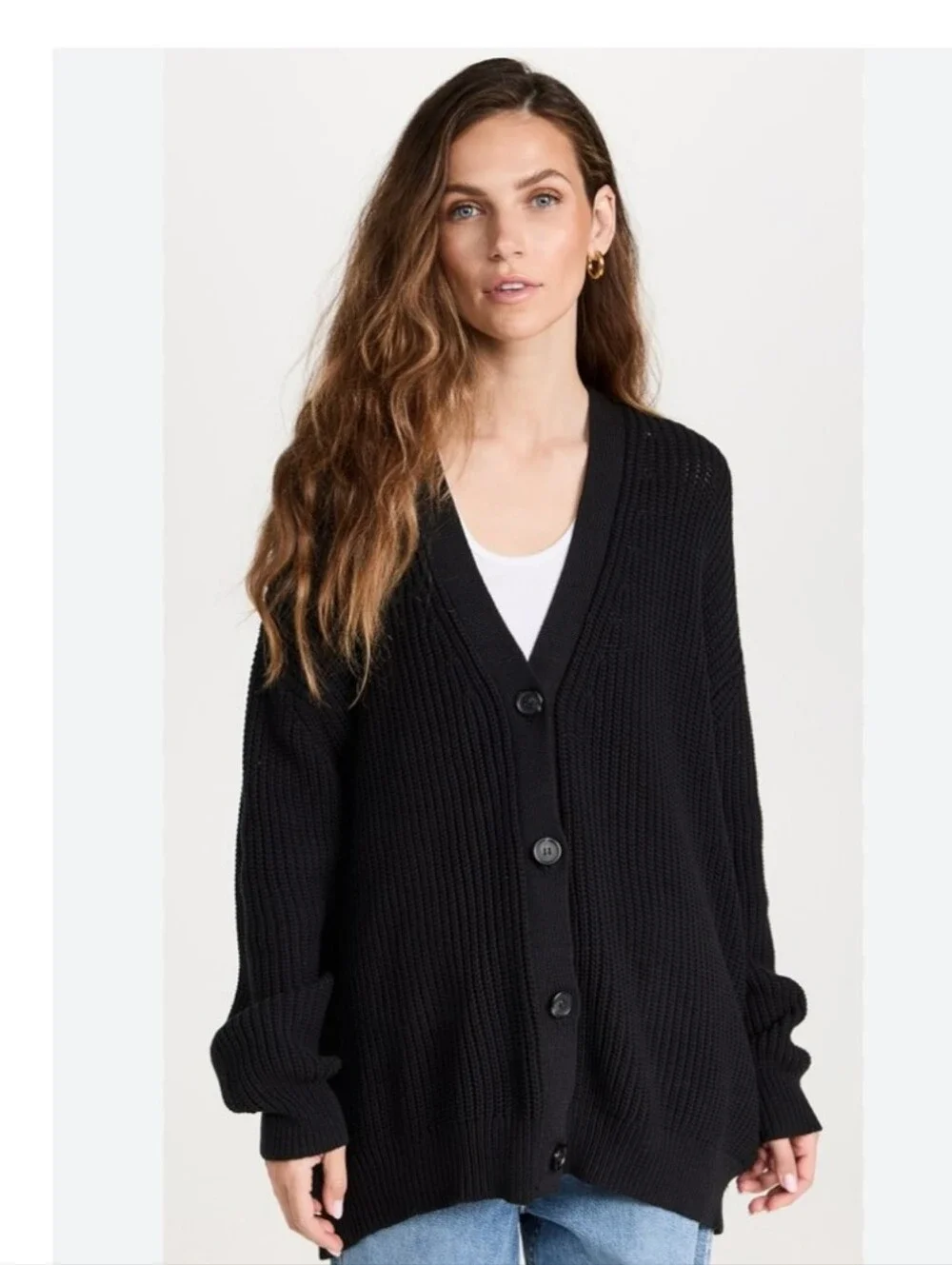 Jenni Kayne Cocoon Cardigan Button Sweater Black Ribbed Cotton